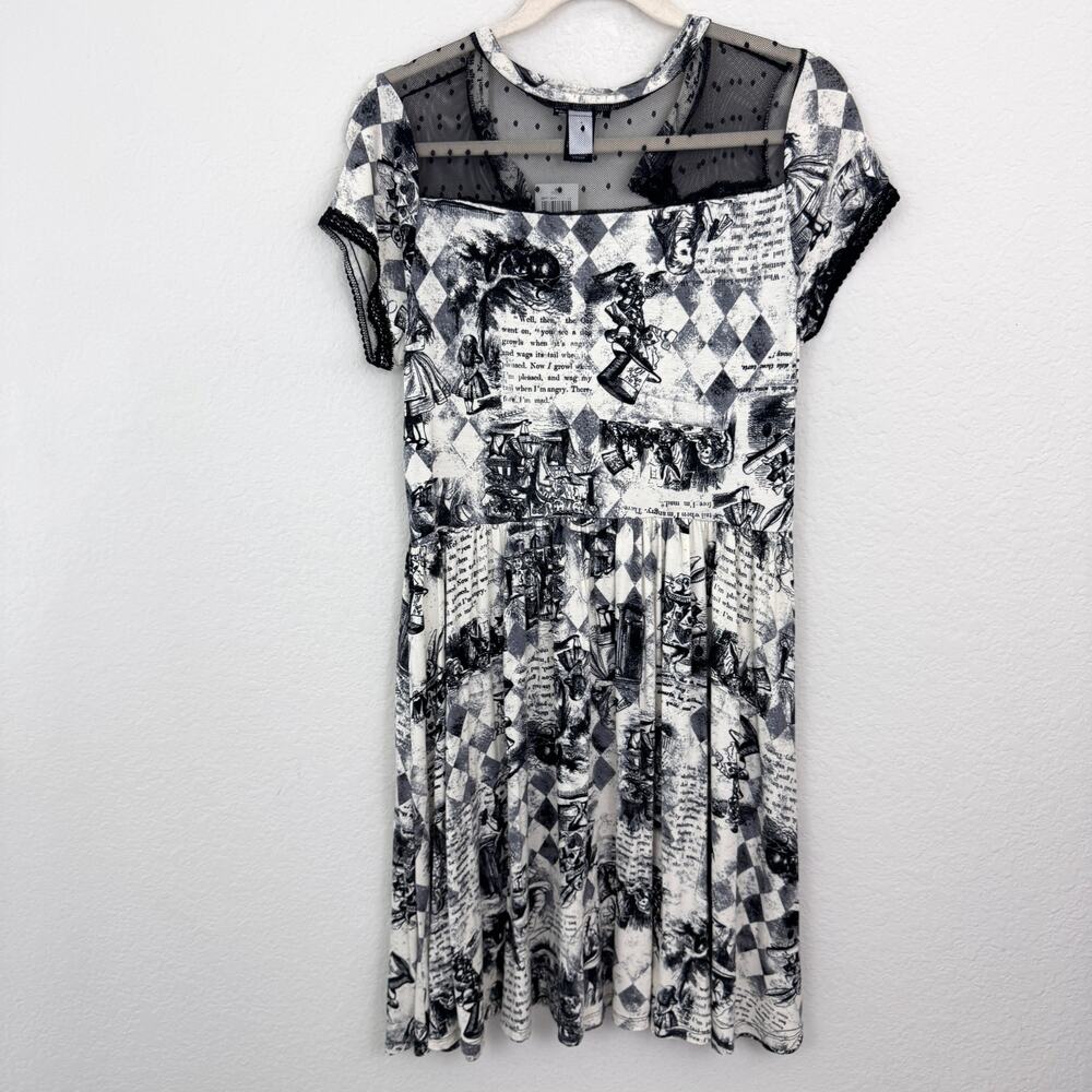 Hot Topic Womens Alice Storybook Printed Dress Sz L Lace Wonderland Whimsi Black - Picture 5 of 10